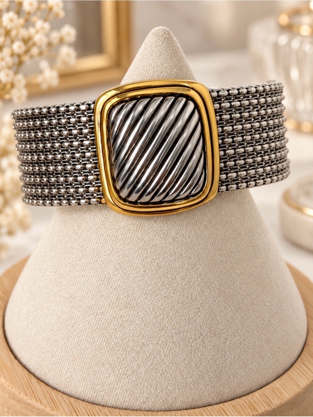 Silver and Gold Toned Boho Style Cuff Bracelet Statement Piece Jewelry